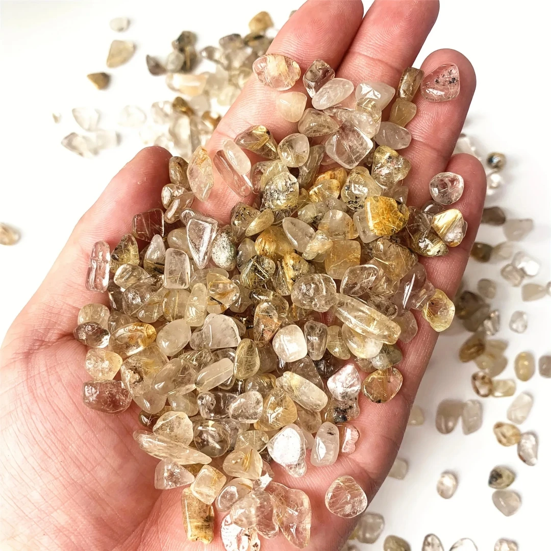 Chips de cristal de cuarzo rutilado dorado de 5-12 mm, piedras de chip de cuarzo rutilado, mini chips de cristal caídos de cuarzo rutilado dorado