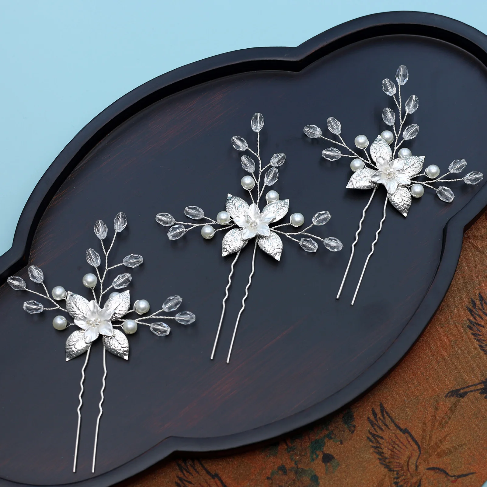 

3Pcs U Shaped Hair Sticks Forks for Bride Wedding Hair Jewelry Silver Color Allloy Leaf Hairpins Side Clips Pearls Headpieces