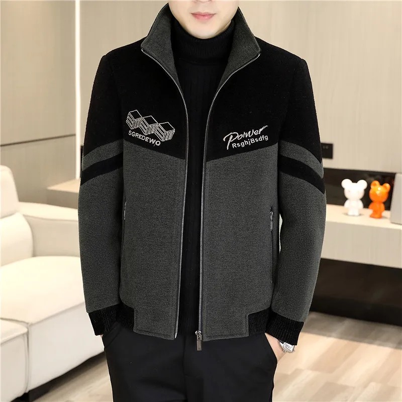 

Корейская зимняя сращенная шерстяная куртка, мужское утолщенное бархатное пальто с воротником-стойкой, повседневное деловое уличное пальто, мужская одежда