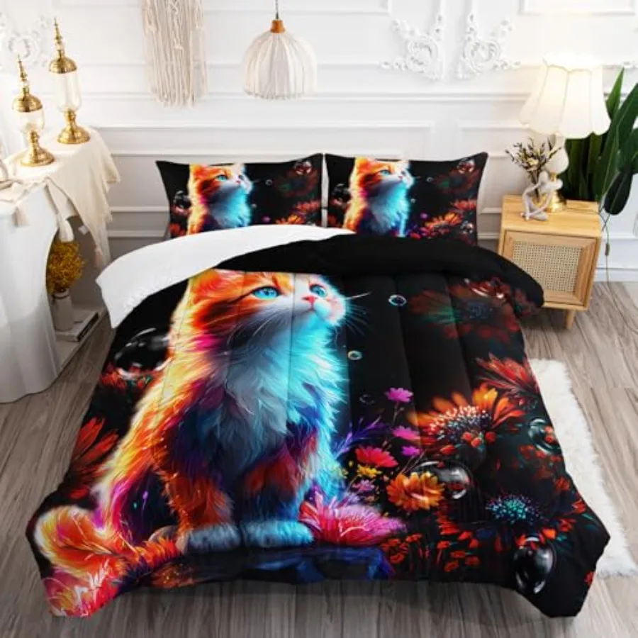 

Cartoon Kawaii Cat Comforter Set Size 3D Animals Flower Toddler Bedding Set Cat Lovers Animal Bubble Design Quilt Bed Set for G