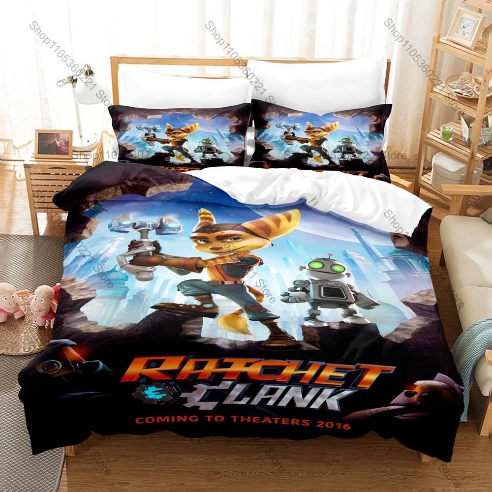 Juego de Ropa de Cama con Estampado HD de Ratchet and Clank Rift Apart, con Diseño de Gato Lombax y Robot Clank, Funda de Edredón + 2 Fundas de Almohada