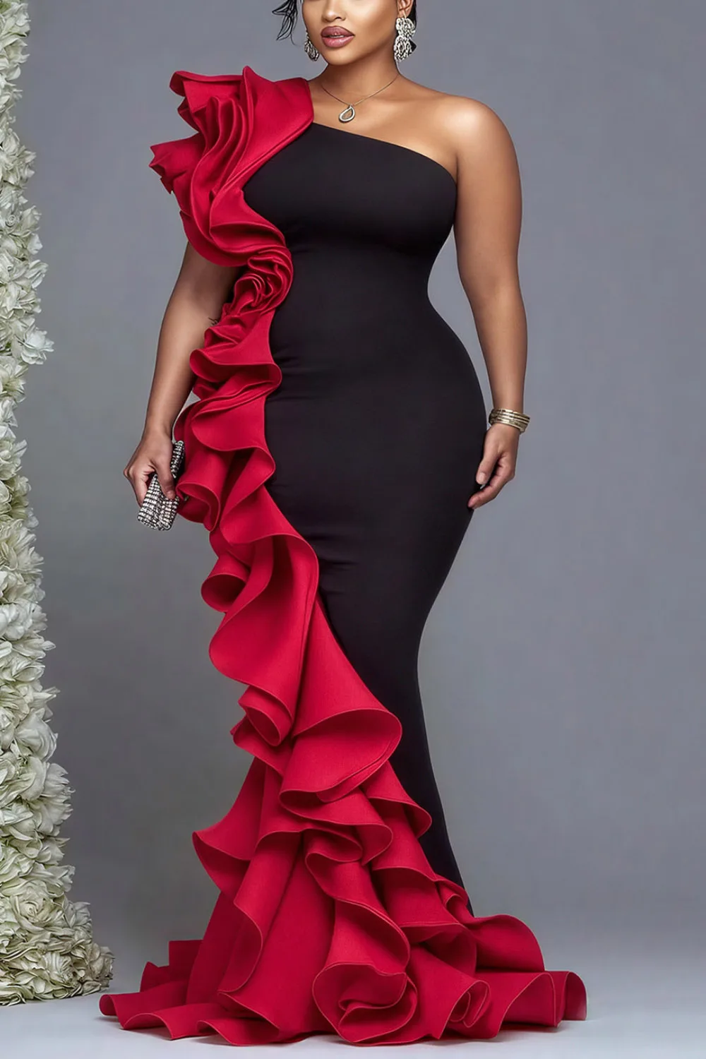 بالإضافة إلى حجم اللون الأحمر الرسمي كتف واحد كشكش فساتين ماكسي Bodycon أنيقة #3