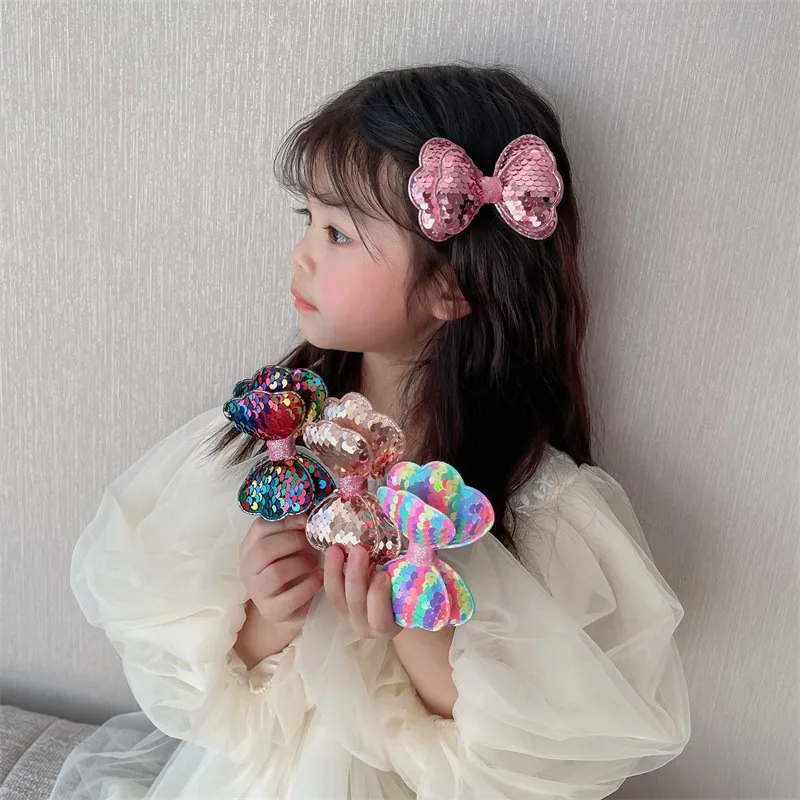 5PCS Long Gradient Color Sequin Glitter Big Bow Hair Clips For Girl Kids Cute Kawaii Princess Fairy Hairpin Fashion Accessories