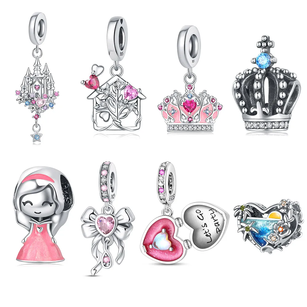 925 Sterling Silver Pink Fairytale Crown Castle Bead Charm fit Bracelet and Necklace Dangle Pendant Fine Jewelry for Women Girl