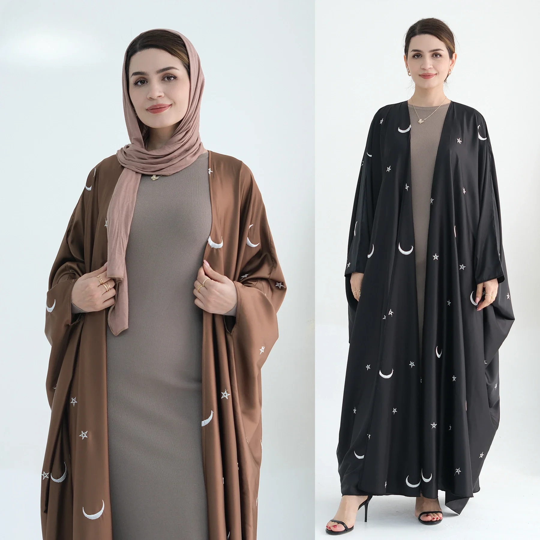 UNI Ramadan Muslim Women Open Abaya Elegant Moon Embroidery Modest Coat Spring Arabic Jalabiya Cardigan Islamic Turkey Dresses