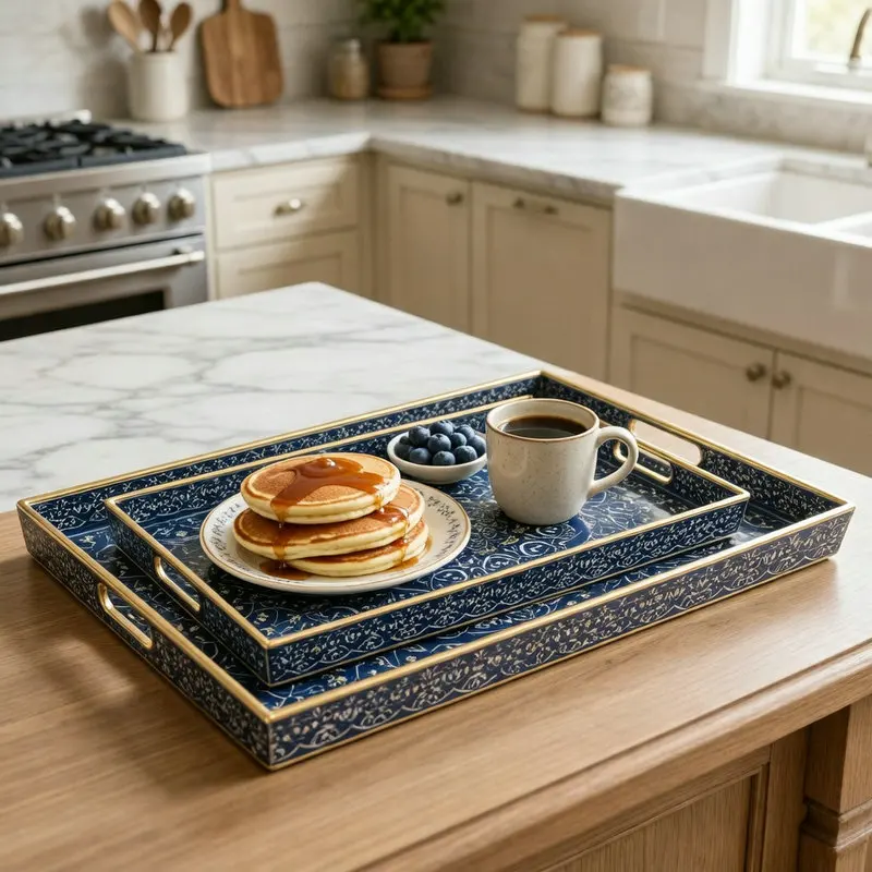 

Bohemian Decorative Green Decal PP Plastic Tray with Handles, Rectangle Shape, Multi - Use Coffee Table Storage, Living Room Hom