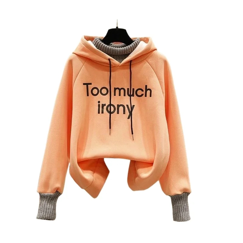 

Female Student Fake Two-piece Korean Version Sweater Plush Loose Fashionable and Youthful Hooded Sweatshirt New Pure Color Tops