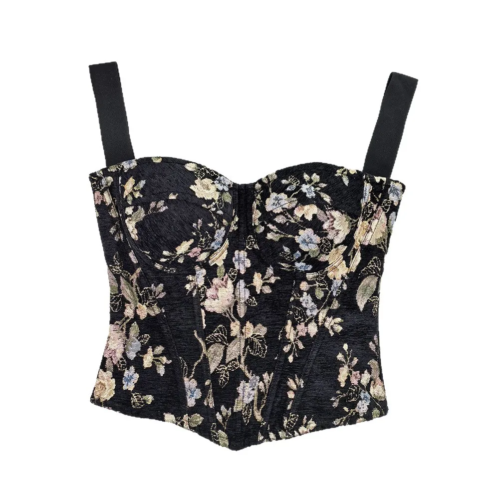 

French Jacquard Vintage Corset Bustier, Back Zipper Waist Cincher Tube Top for Retro Palace Style Outerwear Body Shaper