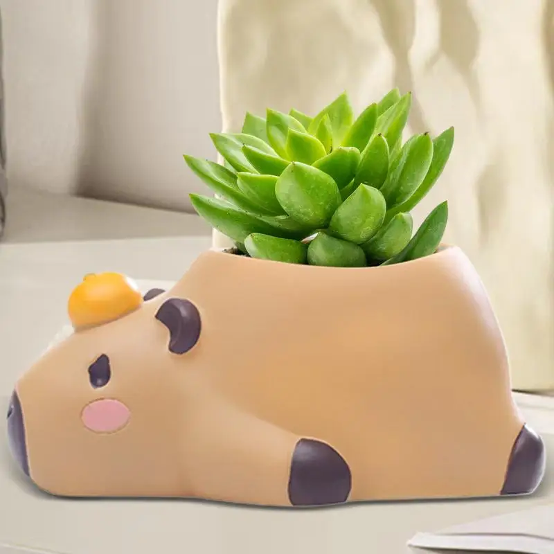 Cute Plant Pots Resin Capybara Figurine Plant Pots with Drainage Cute Animal Flower Pots Statue Sculpture Novelty Planter Desk