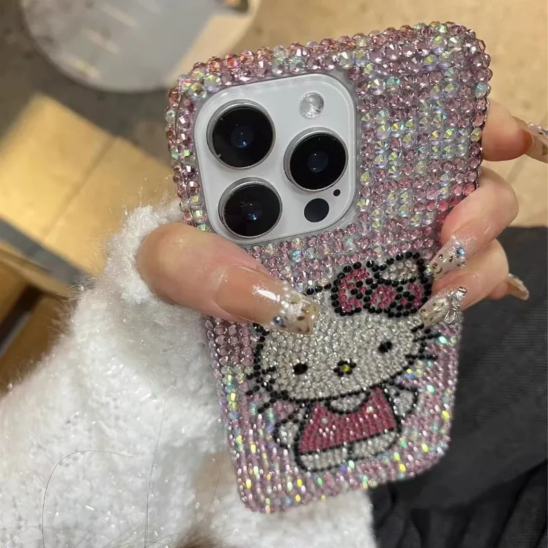 Чехол Hello Kitty со стразами и блестящими кристаллами, цепочка для телефона для IPhone 16, 12, 13, 14, 15Pro Max X Xs XR 2 3 10, прозрачный чехол-бампер Чехол Hello Kitty со стразами и блестящими кристаллами, цепочка для телефона для IPhone 16, 12, 13, 14, 15Pro Max X Xs XR 2 3 10, прозрачный чехол-бампер