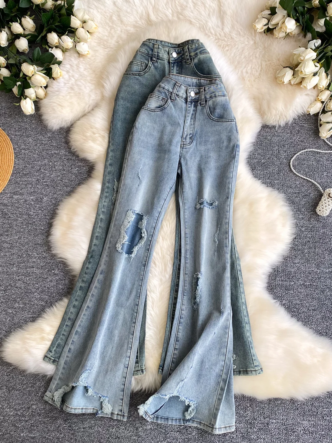 

Retro High Waist Bell Bot Jeans Women's Slimming Casual Spring New Sle Versatile Loose Fit Long Pants Deep Color