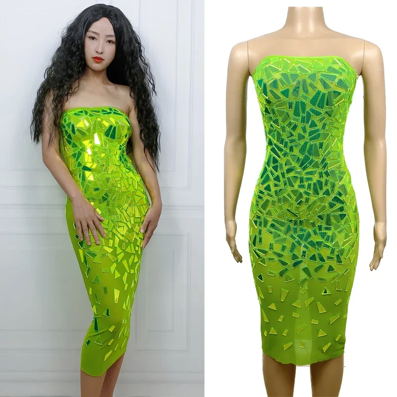 กระพริบผู้หญิงปาร์ตี้กระจกชุดเลนส์สีเขียวชุดราตรีวันเกิดเฉลิมฉลองเครื่องแต่งกายเวทีเทศกาลชุดคลับแวร์ XS6626