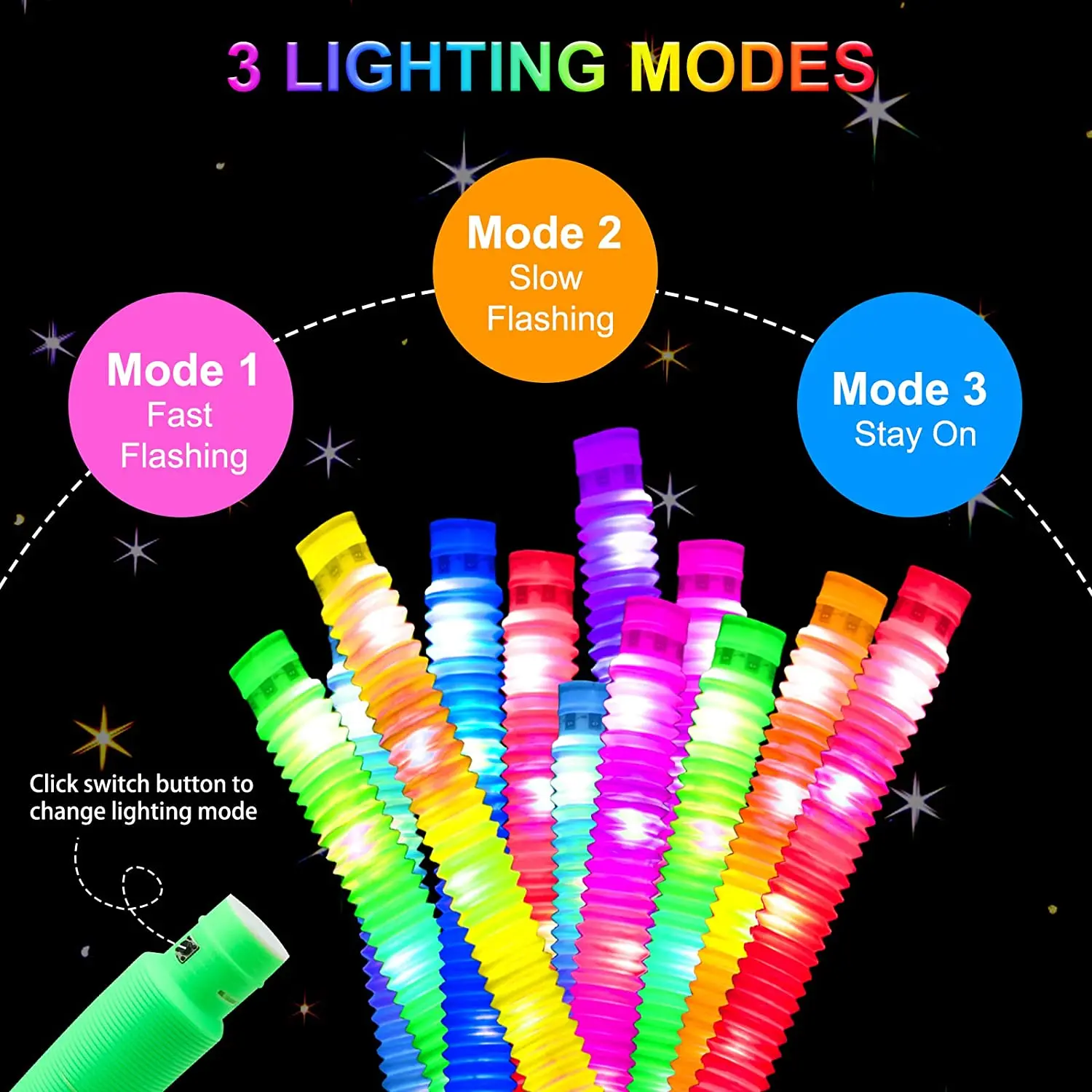 12Pack LED Light Up Pop Tubes Sensory Toys Glow Sticks,Fine Motor Skills Learning Toys,Party Favors Decorations Pull Stretch Toy