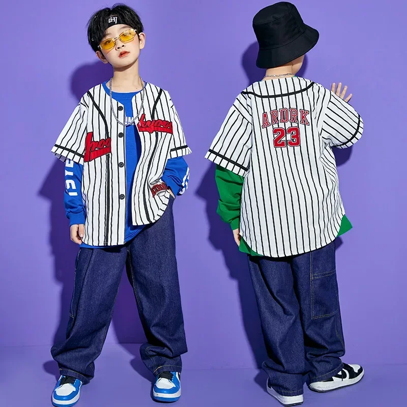 Kid Hip Hop Clothing Stripe Baseball Jersey Cardigan Shirt Top Streetwear Denim Jeans Pants for Girl Boy Dance Costume Clothes