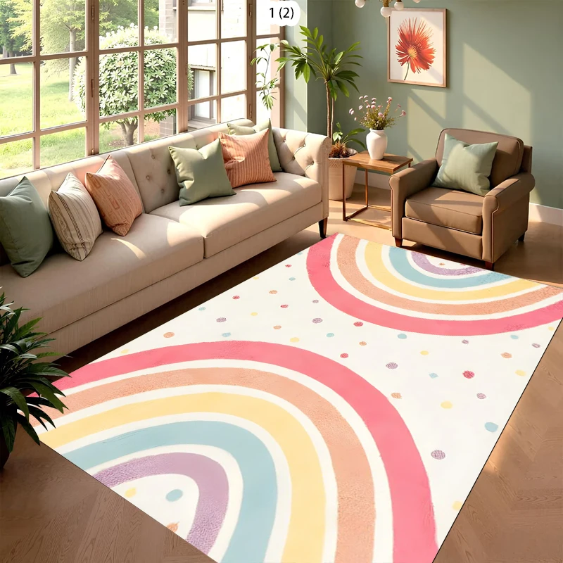 Rainbow Boho Area Rug Cute Colorful Arc Rainbow Polka Dot Print Carpet Soft Non-Slip Floor Mat for Bedroom Living Room