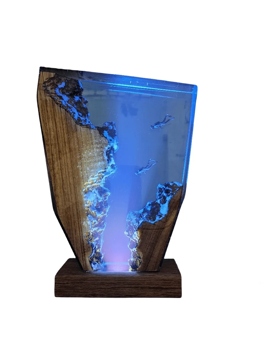 Handmade Epoxy Resin Light Ocean Wind Element Night Light Diver Solid Wood Decorative Light Travel Gift Ornament