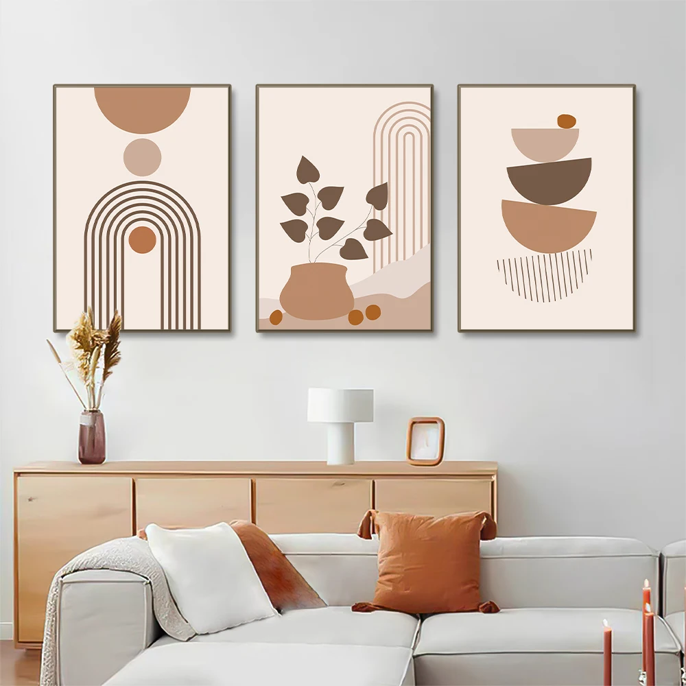 3PCS--3PCS Frameless Nordic Poster Abstract Line Leaf Geometry Canvas Painting Wall Art Prints Picture for Living Room Cafe H