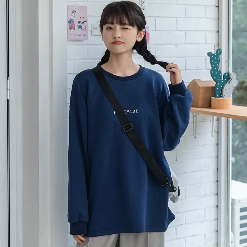 

Dark Blue Simple Loose Casual Pullovers Women O-Neck Drop Sleeve Preppy Style Sweatshirts Cartoon Printed Cotton Sweatshirts