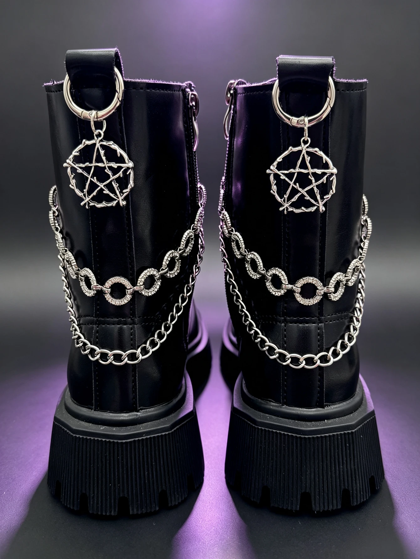 2/4 pairs of shoes accessories - Martin boots with rhinestone circular decorations and detachable chain. DIY pentagram.