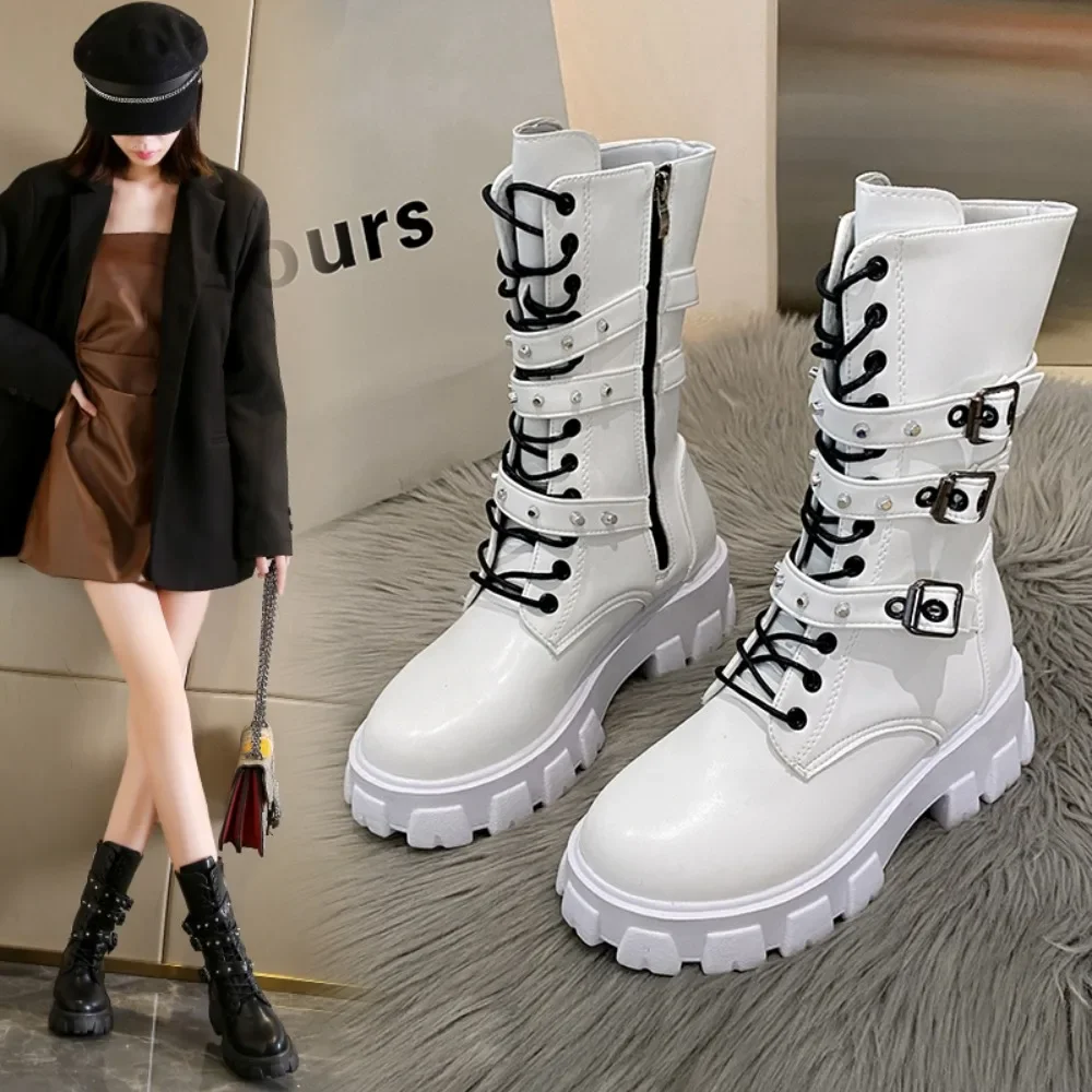 

Brand Fashion Women's Ankle Boots Metallic Buckle Mid-Calf Boots New Platform Punk Gothic Style Thick Sole Motorcycle Boots