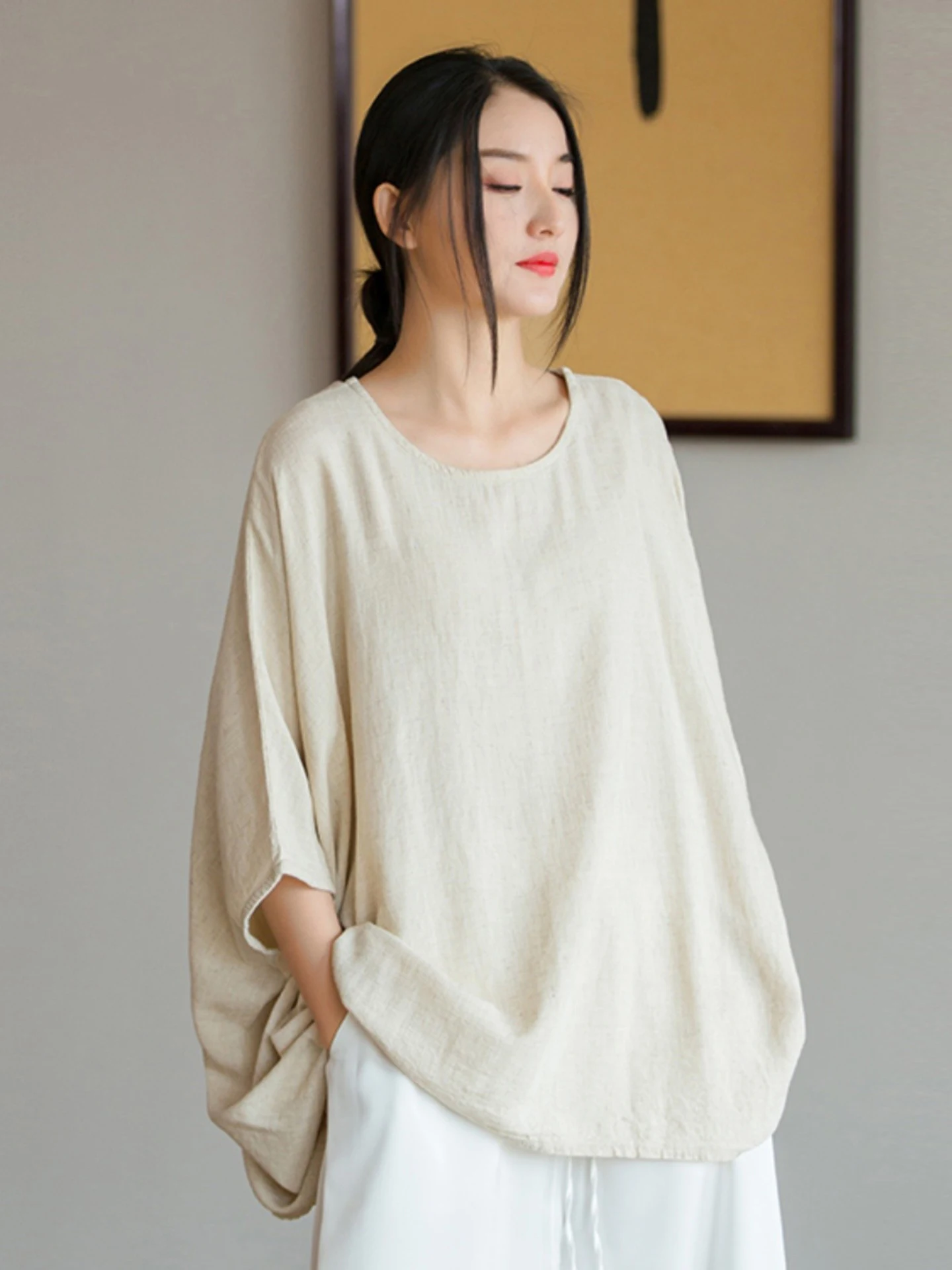 Women's Linen Batwing Sleeveless T-shirt Loose Fit Summer Casual Top Versatile Artistic Zen Tea Ceremony Wear Comfortable Bre...