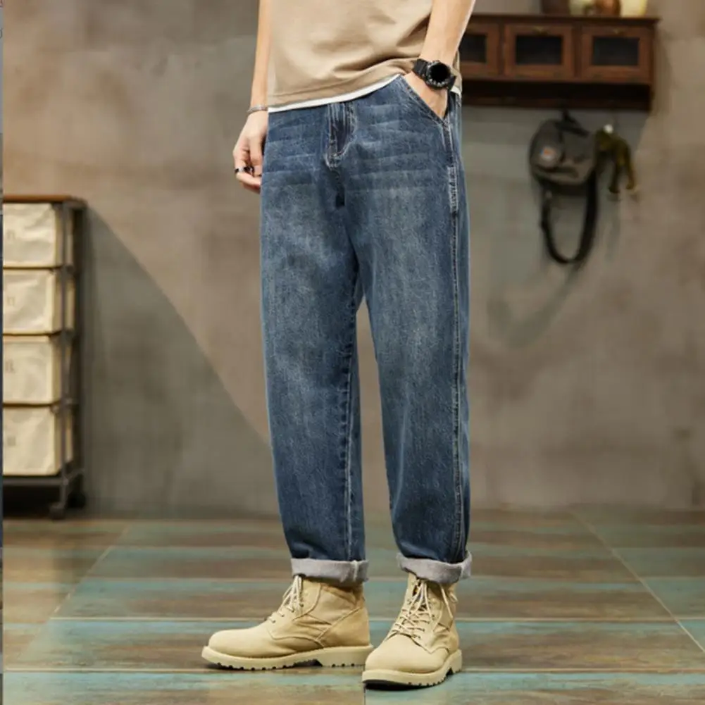 

Comfortable All-day Wear Men Jeans Versatile Men's Denim Pants Gradient Color Loose Fit Multi Pockets Comfortable for Streetwear