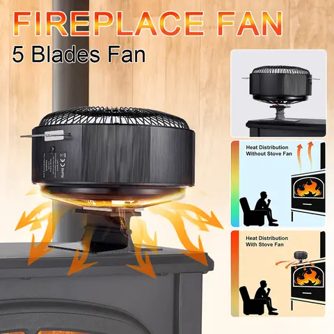 5 Blades Stove Fan Heat Powered Round Log Wood Fireplace Fan Burner Quiet Free-standing Home Warmer Efficient Heat Distribution