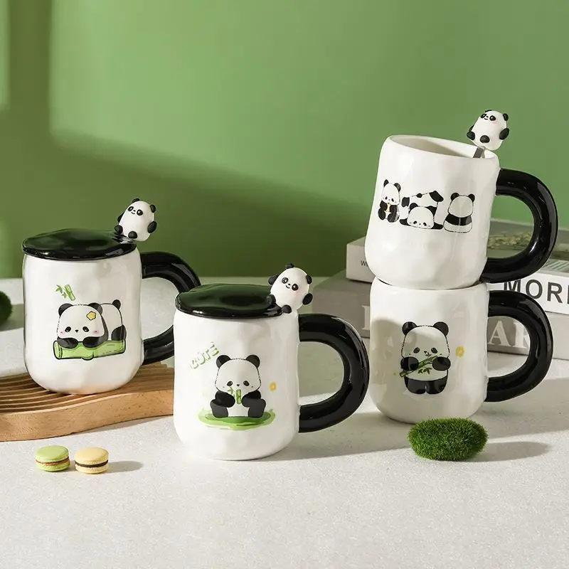 400ml Cartoon Panda Ceramic Cup Lid Spoon Coffee Cup Milk Tea Mug Breakfast Cups Beverage Creative Birthday Gift