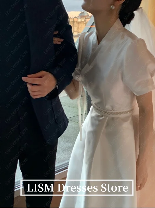 LISM A-Line eleganti abiti da sposa coreani in raso di seta maniche corte abiti da sposa moderni Garona servizio fotografico personalizzato