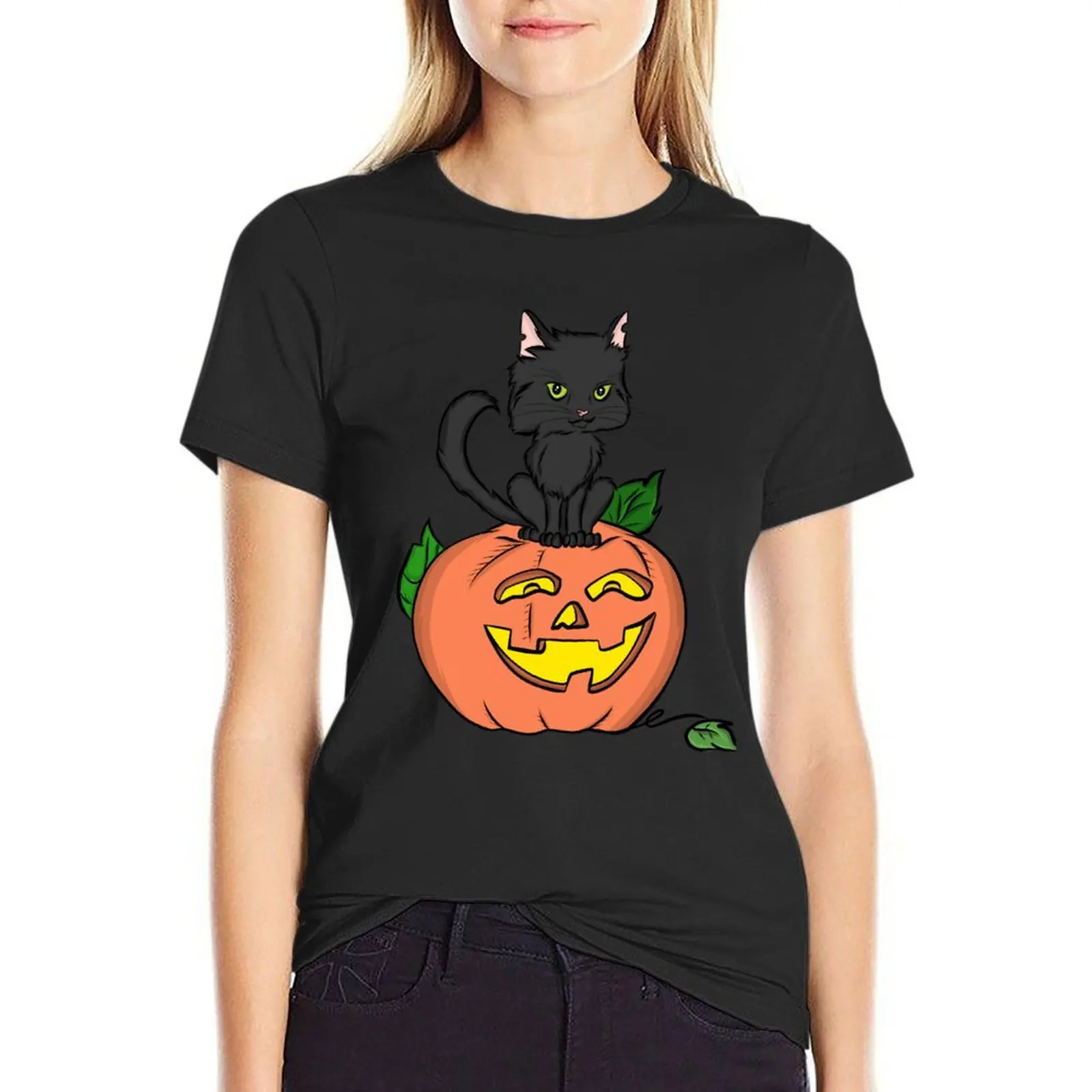 Black Cat & Pumpkin T-Shirt korean fashion funny Woman fashion