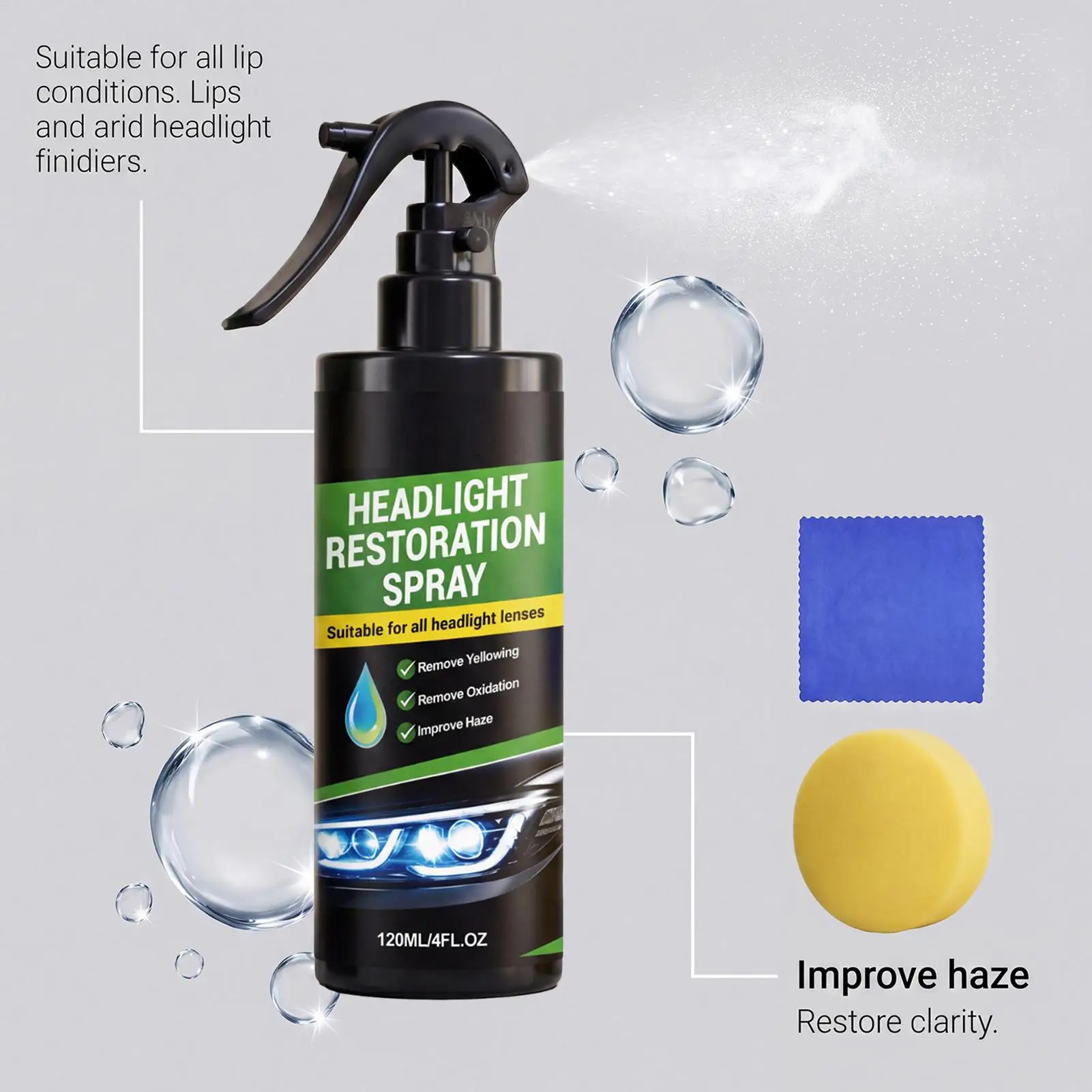100ml Car Headlight Restorer Multi-Functional Polishing Spray Removes Yellowing Scratches Oxidation For Vehicle SUV Truck view 6
