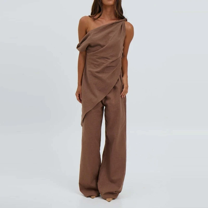 

Casual Women Hollow Out Vacation Outfits Summer Solid Color Loose Commute 2 Piece Vintage Irregular Slash Collar Vest&Pants Sets