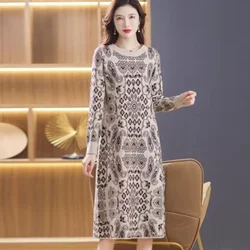 Women's Clothing O-neck Loose Casual Wool Long Dress Autumn Winter New Soft Elastic Printing Elegant Knitted Dress