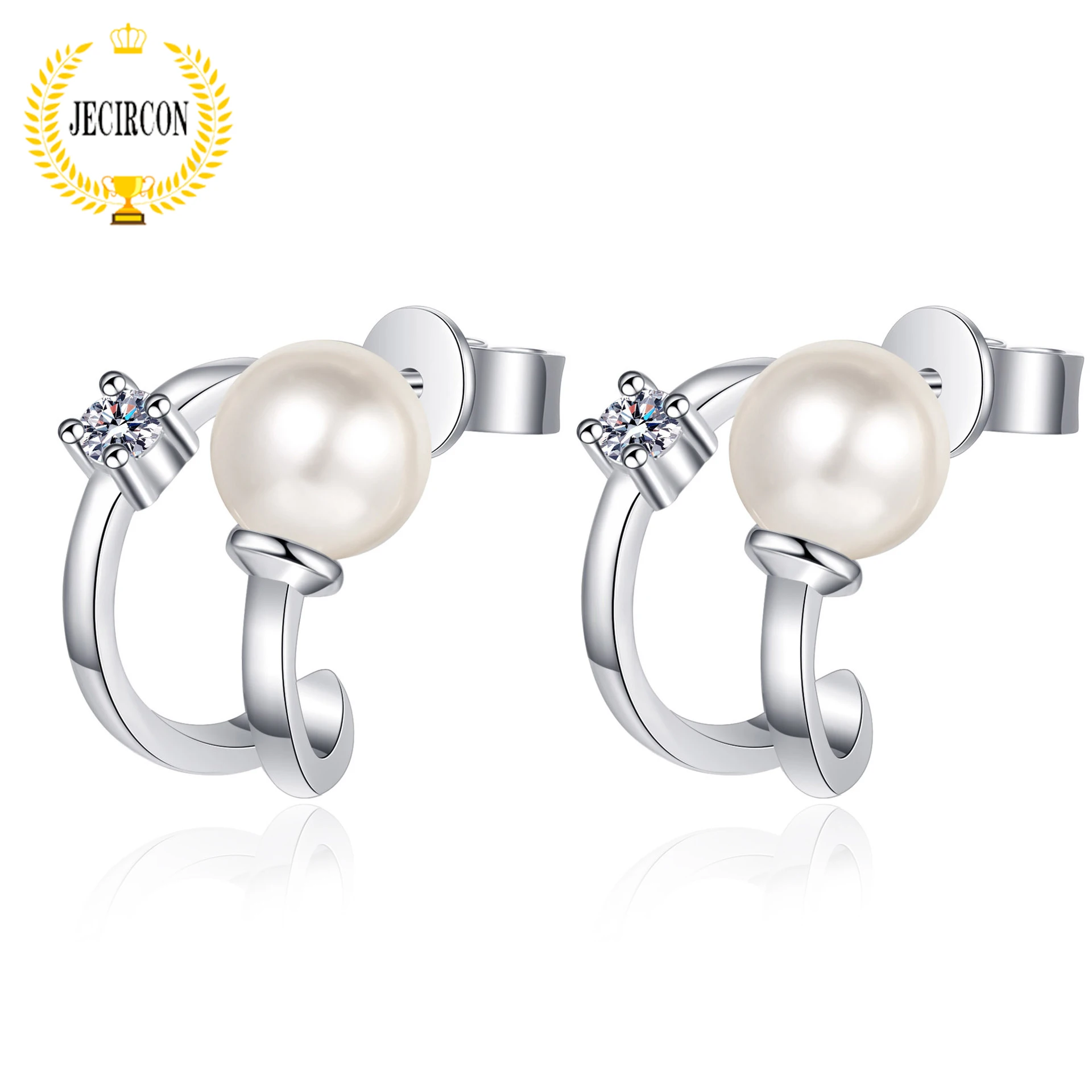 

JECIRCON 925 Sterling Silver U-shaped Stud Earrings for Women Mini Moissanite 6MM Freshwater Pearl Plated PT950 Gold Ear Jewelry