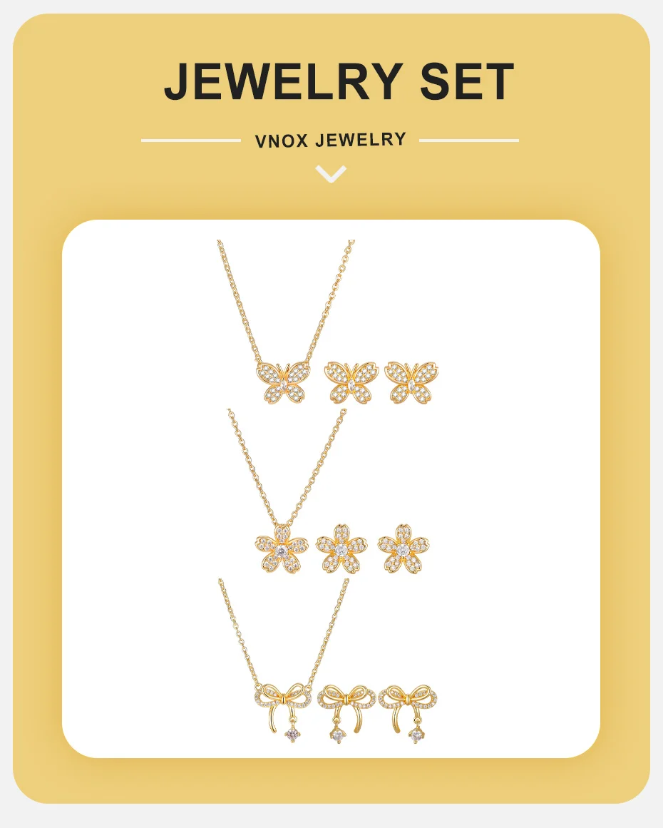 Vnox Luxuriöses, elegantes Zirkon-Schmetterlings-Blumen-Ohrring-Halsketten-Set für Frauen, trendiges, süßes Schmuckset mit Schleifenknoten, Braut-Hochzeitsgeschenk – Detail 1