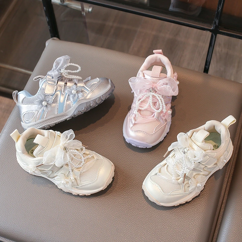 New Girls Casual Shoes Mesh Breathable Children's Sports Shoes with Lace Bow Princess Outdoor Soft Non-slip Kids School Sneakers