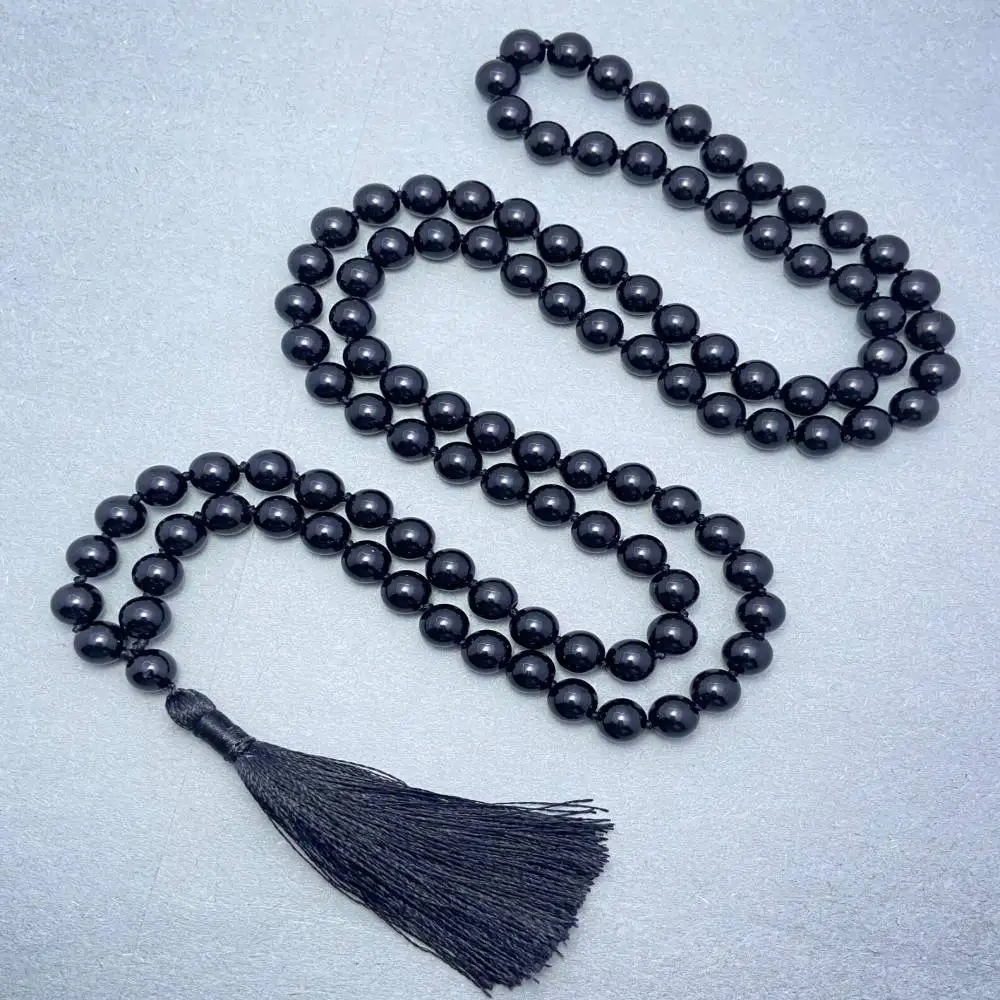 

Natural Black Onyx/Black Obsidian 108 Mala Beads Necklace with Black Tassel Protection & Grounding Healing Crystal Jewelry
