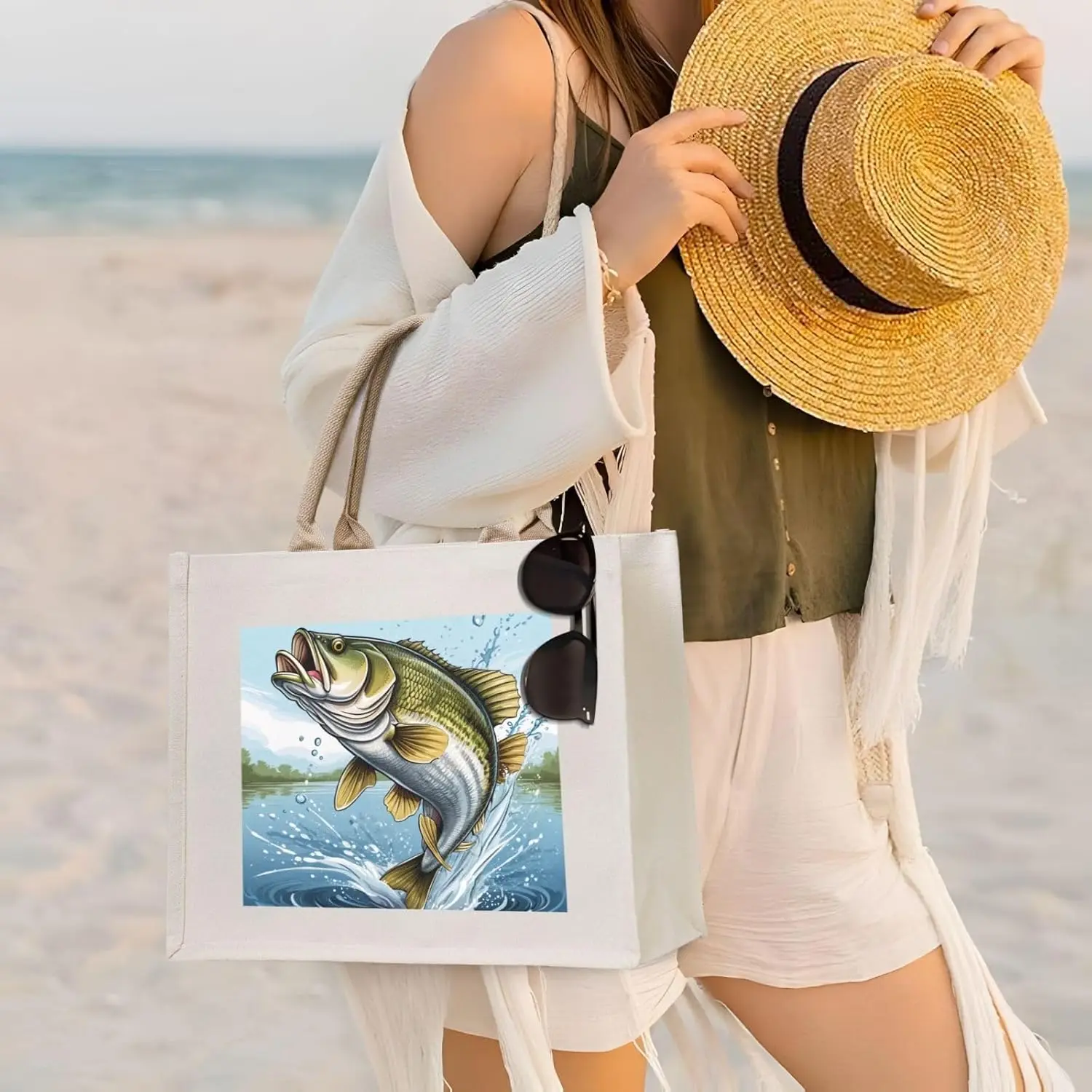 Bolsa tote de lona onda de pesca de baixo para mulheres, sacola estética praia viagem tote bolsas compras trabalho diário