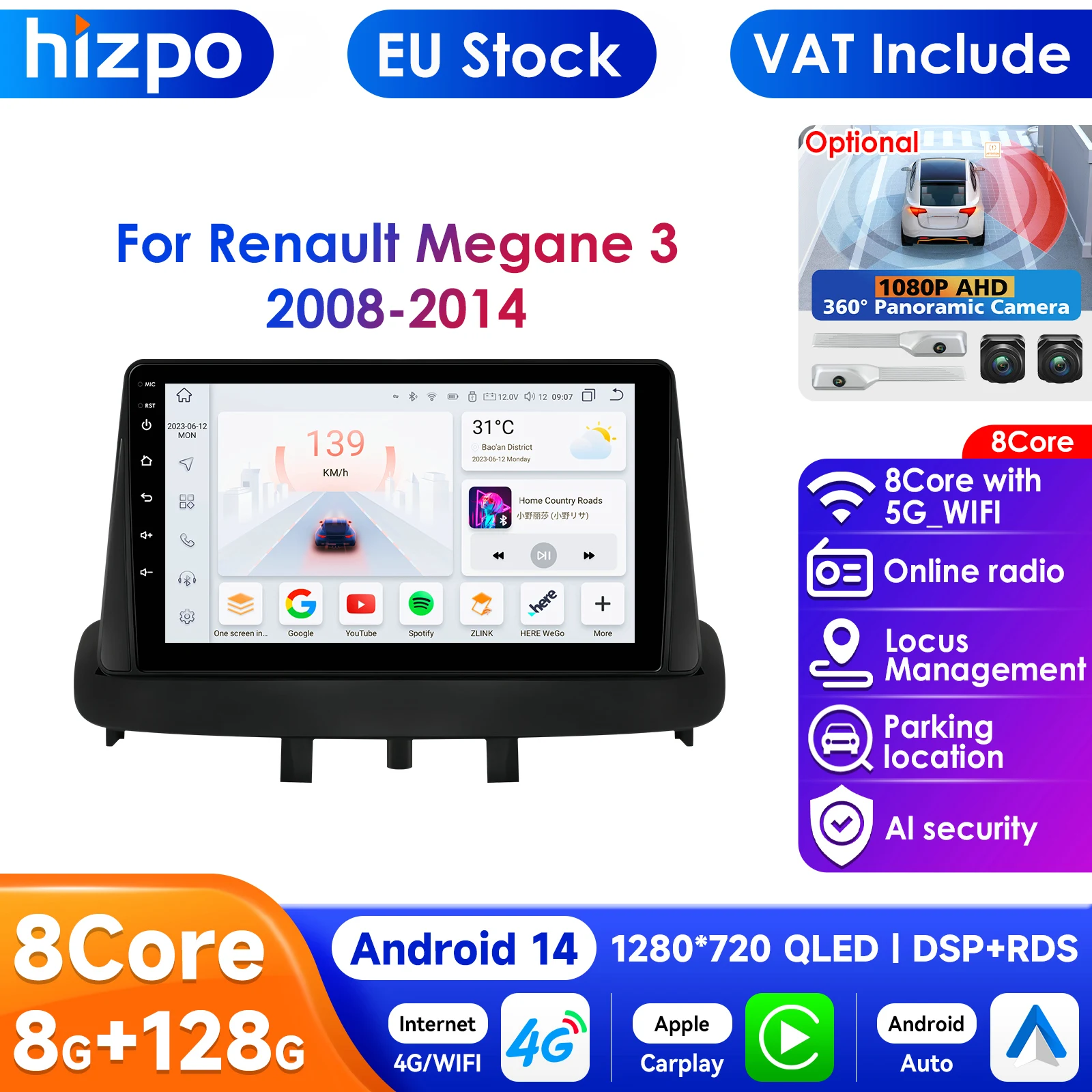 Radio Multimedia con GPS para coche, reproductor de vídeo estéreo con Android, 2Din, DSP, CarPlay, 4G, para Renault Megane 3 Fluence, Samsung SM3, 2008-2014