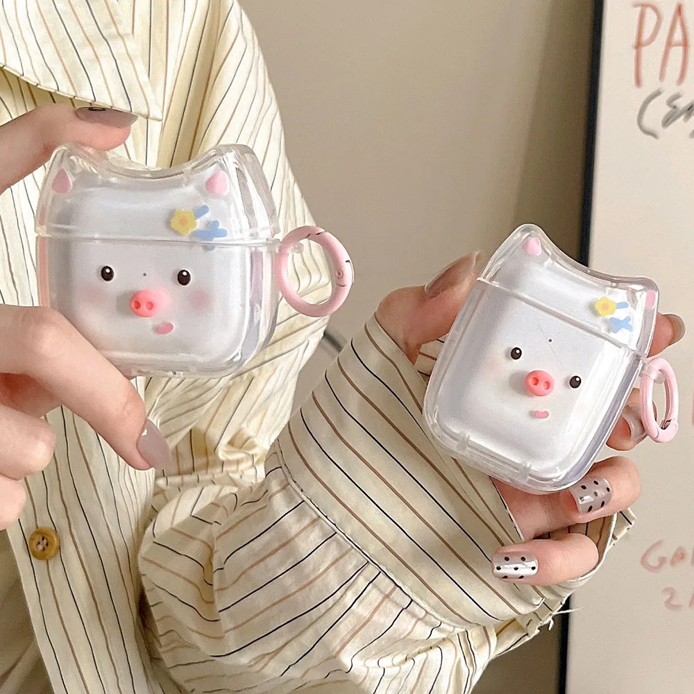 Lovely Pig Earphone Cases For Apple Airpods 4 Pro 2nd Transparent Headphone Shockproof Cover For Airpod 1 2 3 Coque With Keyring