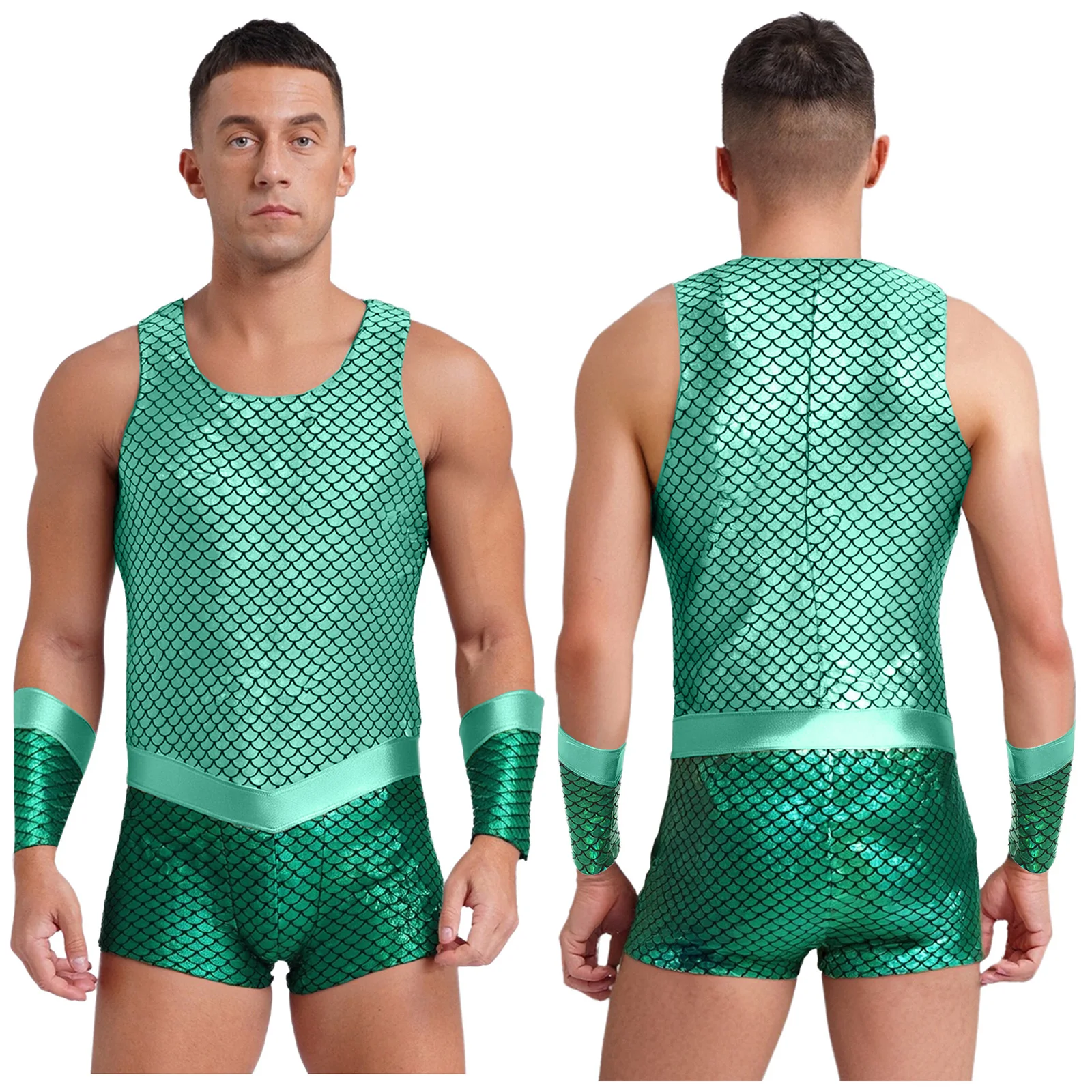 

Mens Sea God Poseidon King Merman Cosplay Costume Fish Scales Printed Bodysuit with Arm Sleeves for Halloween Carnival Party