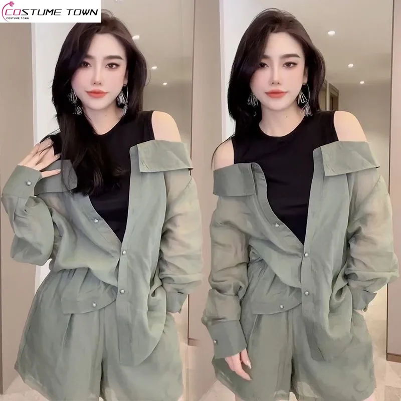 Fashionable and Popular Western-style Fake Two-piece Off Shoulder Thin Long Sleeved Top+casual Wide Leg Shorts Two-piece Set