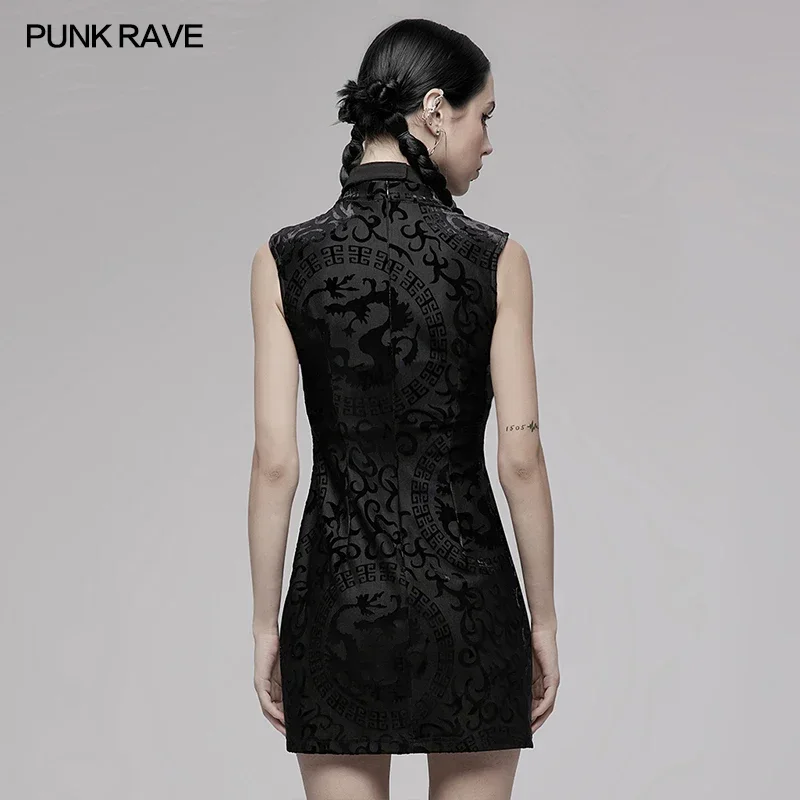 PUNK RAVE Women\'s Chinese Style Dragon Totem Pattern A-line Dress Gothic Daily Stretch Velvet Burnt-out Party Club Sexy Dresses