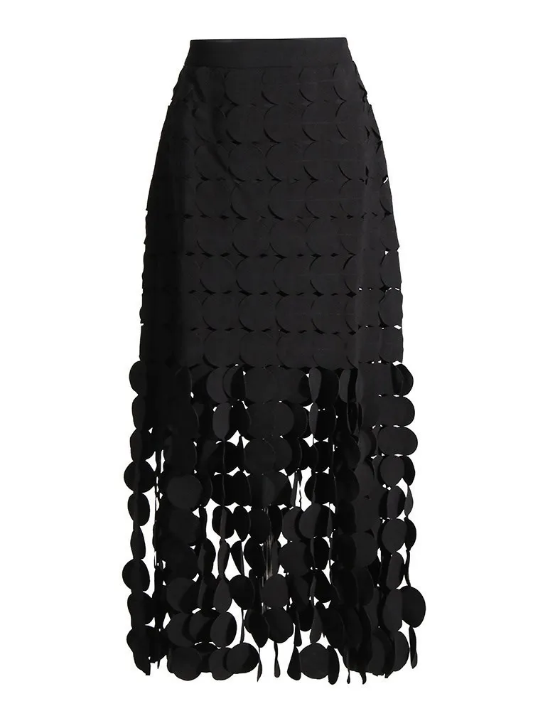 VGH patchwork tassels hem bodycon skirts for women high waist solid slimming midi skirt female summer clothing 2023 new style