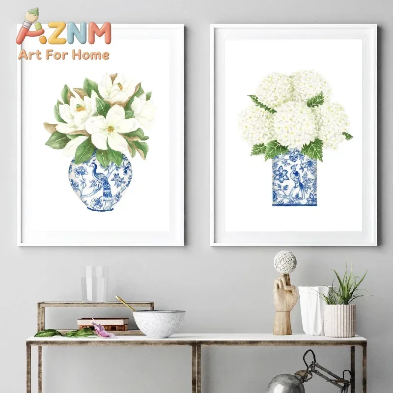 Blue and White China Magnolia Hydrangea Prints Chinoiserie Art Canvas Painting Gallery Wall Art Picture Poster Trendy Wall Decor