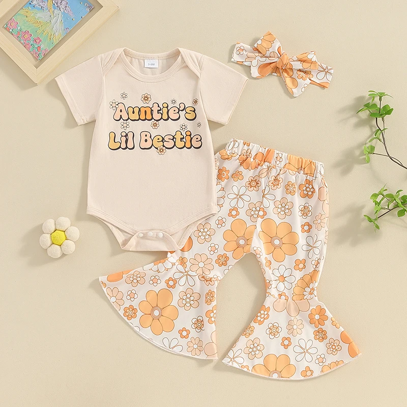 Newborn Baby Girl Summer Clothes Aunties Bestie Short Sleeve Romper Floral Flared Pants Headband Set 3 6 12 18 Months