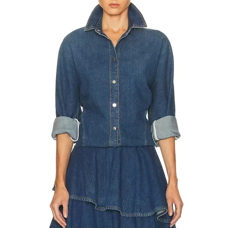 

Women's shirt New autumn 2025 single breasted slim lapel long sleeved top Vintage washed Women's blouse Cotton blend denim shirt