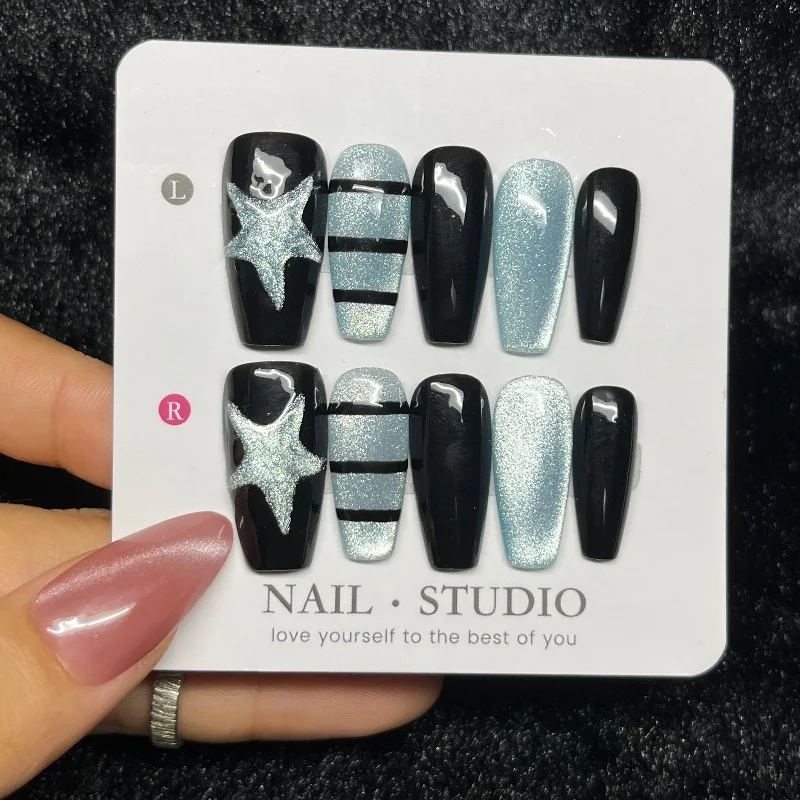 

10PCS Glitter Blue Cat Eye Fake Nails Sweet Cool Shiny Star with Black Stripes Handmade Press on Nails Simple Pattern False Nail