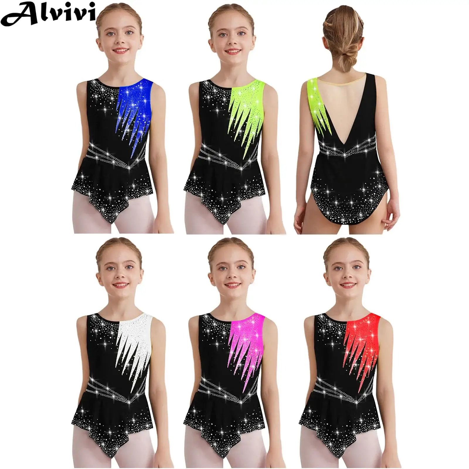 Maillot de Patinaje Artístico para Niñas, sin Mangas, Brillante, con Pedrería, de Malla, para Gimnasia Rítmica, Ballet, Danza, Acrobacias
