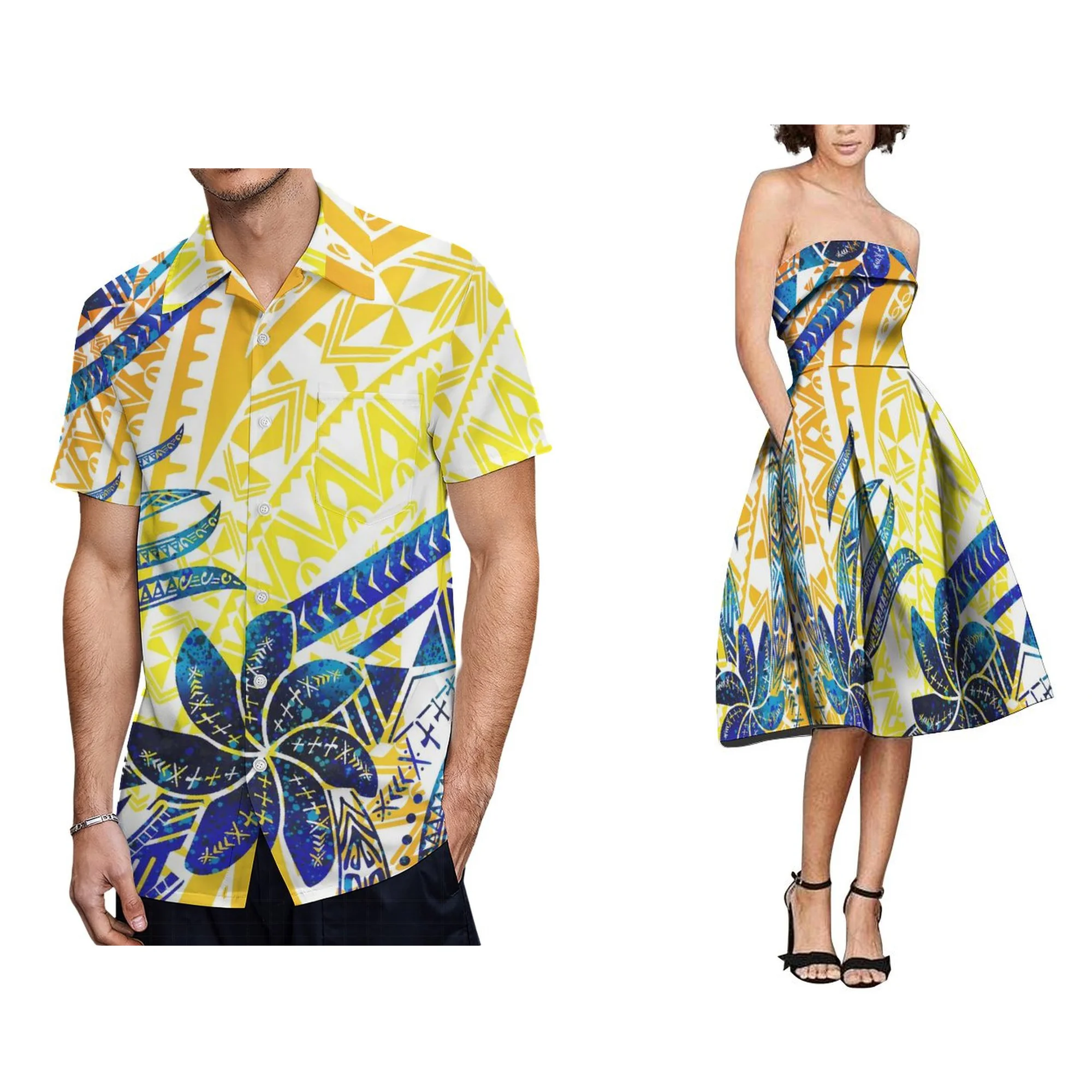 우아한 폴리네시안 사모아 부족 프린트 여성 랩 원숄더 드레스와 셔츠 2종 세트 의류